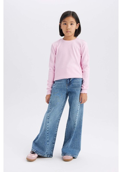 Kız Çocuk Slim Fit Dar Kesim Bisiklet Yaka Ribana Uzun Kollu Basic Düz Tişört B7452A825SP fiyatları