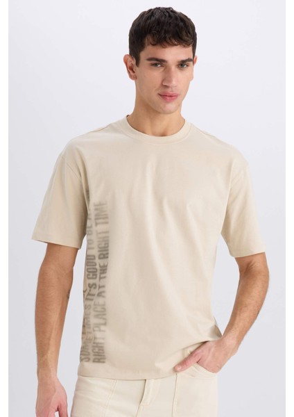 %100 Pamuk Boxy Fit Bisiklet Yaka Baskılı Kısa Kollu Tişört