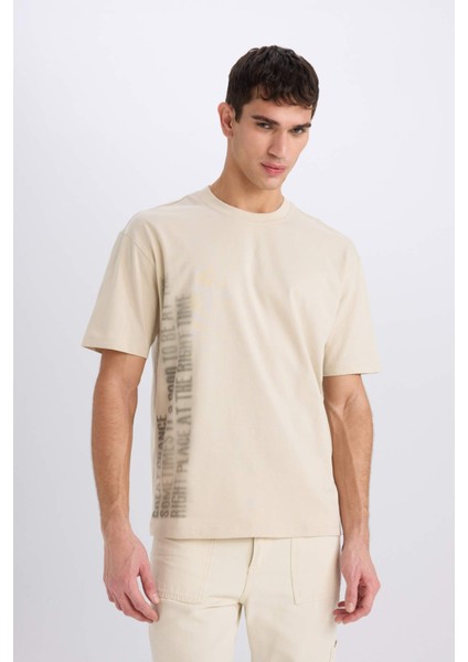 %100 Pamuk Boxy Fit Bisiklet Yaka Baskılı Kısa Kollu Tişört modelleri