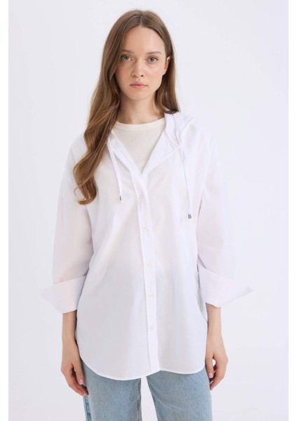 Relax Fit Kapüşonlu Basic Düz Poplin Uzun Kollu Beyaz Gömlek Tunik E1262AX25SP