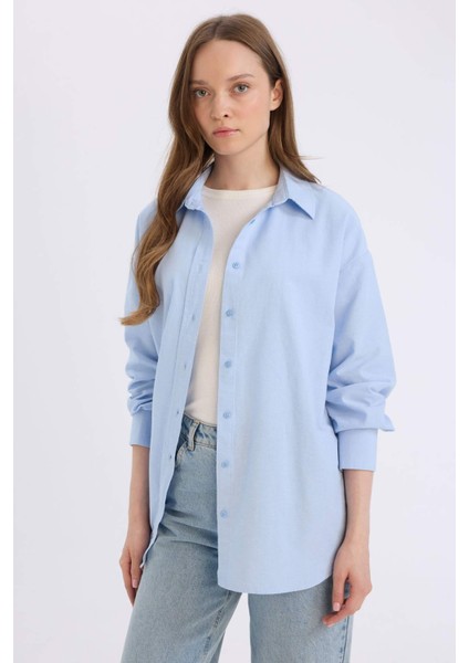 Relax Fit Basic Düz Oxford Uzun Kollu Gömlek Tunik B8309AX25SP