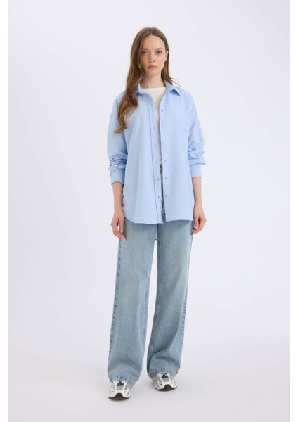 Relax Fit Basic Düz Oxford Uzun Kollu Gömlek Tunik B8309AX25SP