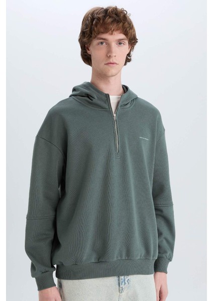 Boxy Fit Kapüşonlu Yarım Fermuarlı Baskılı Sweatshirt D6998AX25SP