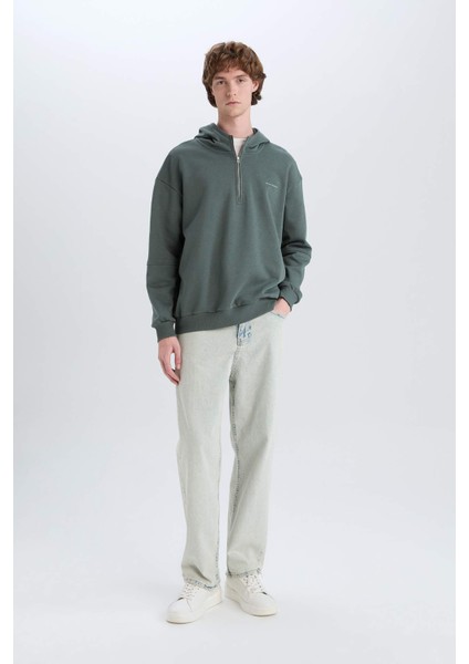 Boxy Fit Kapüşonlu Yarım Fermuarlı Baskılı Sweatshirt D6998AX25SP