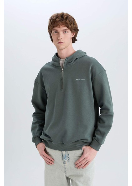 Boxy Fit Kapüşonlu Yarım Fermuarlı Baskılı Sweatshirt D6998AX25SP