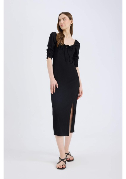 Bodycon Vücudu Saran Kare Yaka Yırtmaçlı Basic Düz Bürümcük Yarım Kol Siyah Midi Elbise E0885AX25SP