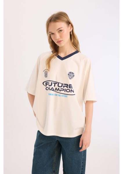 Coool Oversize Geniş Kalıp V Yaka Sırt Baskılı Kısa Kollu Tişört E4621AX25SM modelleri