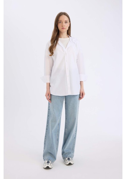 Relax Fit Kapüşonlu Basic Düz Poplin Uzun Kollu Beyaz Gömlek Tunik E1262AX25SP