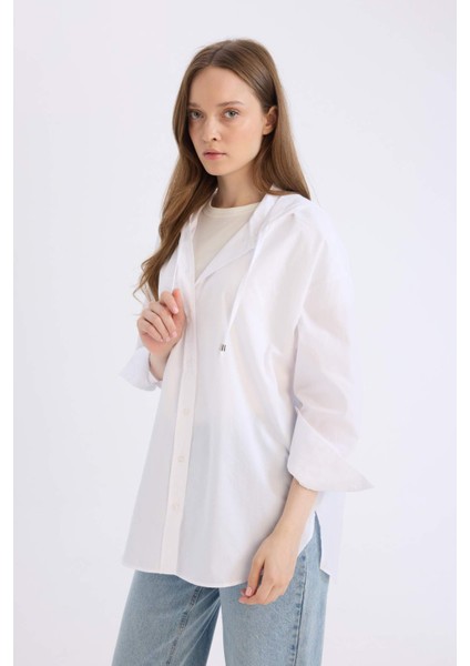 Relax Fit Kapüşonlu Basic Düz Poplin Uzun Kollu Beyaz Gömlek Tunik E1262AX25SP