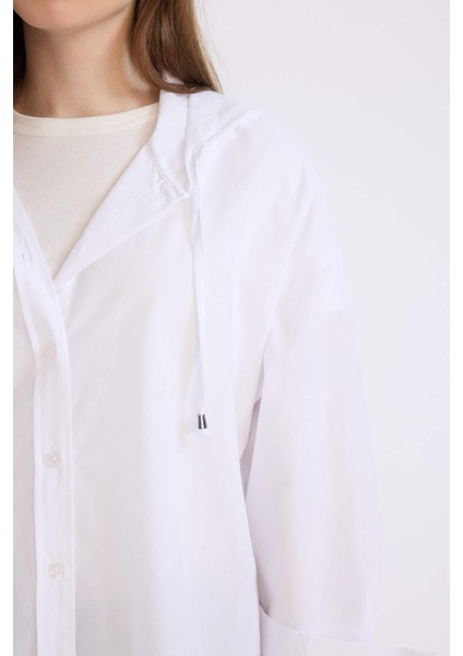 Relax Fit Kapüşonlu Basic Düz Poplin Uzun Kollu Beyaz Gömlek Tunik E1262AX25SP