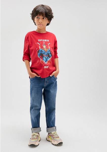 M6610239-70477 Erkek Çocuk Superman Baskılı Uzun Kol T-Shirt