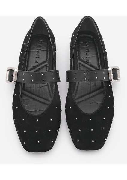 Kadın Küt Burun Tokalı Zımbalı Babet Velona Siyah Süet