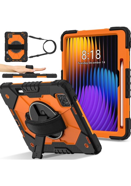 Xiaomi Pad 7 Pro / Pad 7 Kılıf Silikon+Pc Tablet Kılıfı, Kullanışlı Kayış-Siyah / Turuncu (Yurt Dışından)