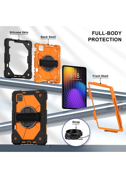 Xiaomi Pad 7 Pro / Pad 7 Kılıf Silikon+Pc Tablet Kılıfı, Kullanışlı Kayış-Siyah / Turuncu (Yurt Dışından)