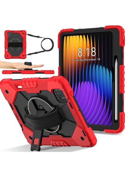 Xiaomi Pad 7 Pro - Pad 7 Kılıf Silikon+Pc Tablet Kılıfı, Kullanışlı Kayış-Kırmızı - Siyah (Yurt Dışından)