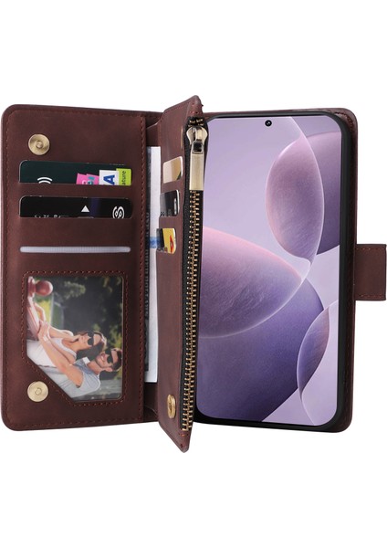 Xiaomi 14T Kılıf Fermuar Cüzdan Çoklu Kart Yuvaları Deri Telefon Kapağı-Kahve Için (Yurt Dışından) modelleri