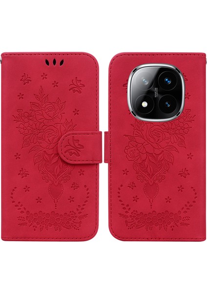 Xiaomi Redmi Note 14 Pro 5G Kılıf Pu Deri Cüzdan Telefon Kapağı Çiçek Baskı-Kırmızı Için (Yurt Dışından)