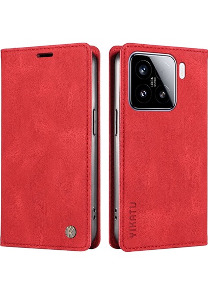Xiaomi 15 Kılıf Deri Cilt-Dokunmatik Telefon Kapağı Için Manyetik Otomatik Emilmiş-Kırmızı (Yurt Dışından)