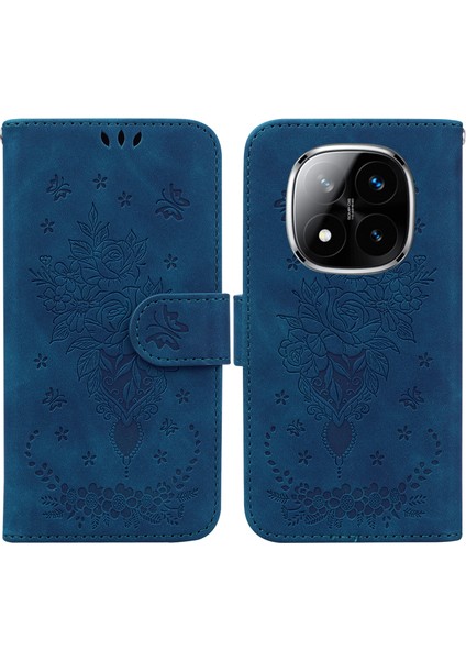 Xiaomi Redmi Note 14 Pro 5G Kılıf Pu Deri Cüzdan Telefon Kapağı Çiçek Baskı-Mavi Için (Yurt Dışından)