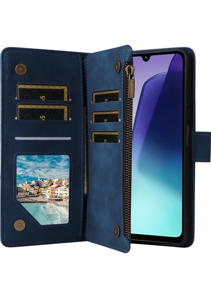 Xiaomi Poco C75 4G-Redmi 14R 5G-14C 4G Kılıf Fermuar Cüzdan Çoklu Kart Yuvaları Deri Telefon Kapağı-Mavi (Yurt Dışından)