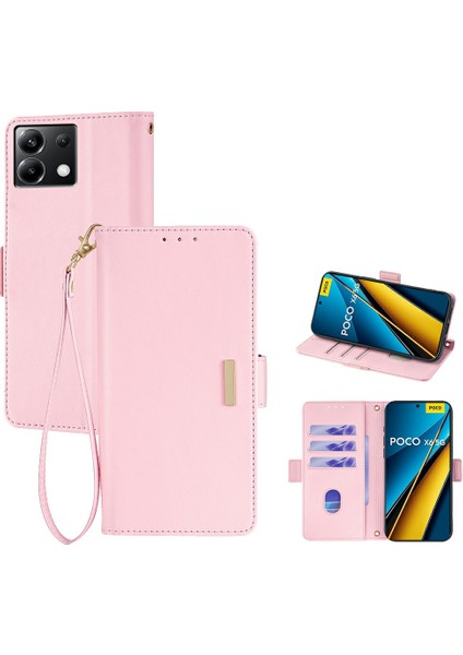 Xiaomi Poco X6 5G Deri Cüzdan Kılıfı Rfıd Engelleme Kapağı El Kayışı-Pembe (Yurt Dışından)