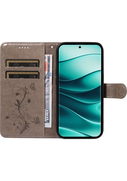Xiaomi Redmi Note 14 Pro 5G-Note 14 Pro+ 5G Kılıf Çiçek Desenli Pu Deri Cüzdan Telefon Kapağı-Gri (Yurt Dışından) modelleri