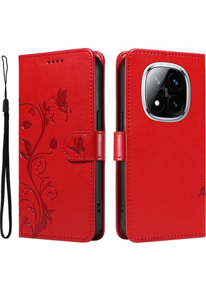 Xiaomi Redmi Note 14 Pro 5G-Note 14 Pro+ 5G Kılıf Çiçek Desenli Pu Deri Cüzdan Telefon Kapağı-Kırmızı (Yurt Dışından)
