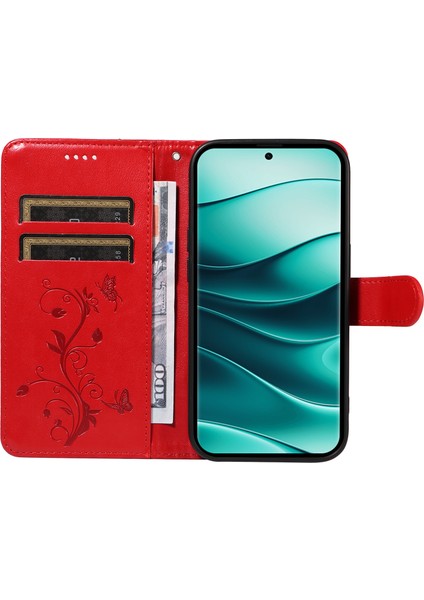 Xiaomi Redmi Note 14 Pro 5G-Note 14 Pro+ 5G Kılıf Çiçek Desenli Pu Deri Cüzdan Telefon Kapağı-Kırmızı (Yurt Dışından)