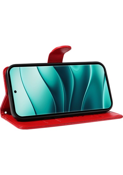 Xiaomi Redmi Note 14 Pro 5G-Note 14 Pro+ 5G Kılıf Çiçek Desenli Pu Deri Cüzdan Telefon Kapağı-Kırmızı (Yurt Dışından)