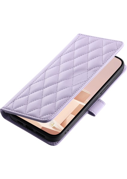 Xiaomi Redmi Note 14 5G Cüzdan Kılıf Eşkenar Dörtgen Izgara Pu Deri Telefon Kapağı-Mor Için (Yurt Dışından)