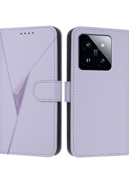 Xiaomi 14T Pro Kılıf Üçgen Baskı Deri Telefon Kılıfı, Kordonlu-Açık Mor (Yurt Dışından)