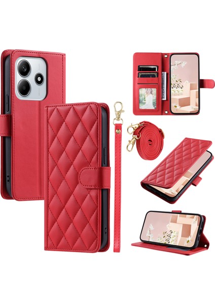Xiaomi Redmi Note 14 5G Cüzdan Kılıf Eşkenar Dörtgen Izgara Pu Deri Telefon Kapağı-Kırmızı (Yurt Dışından)