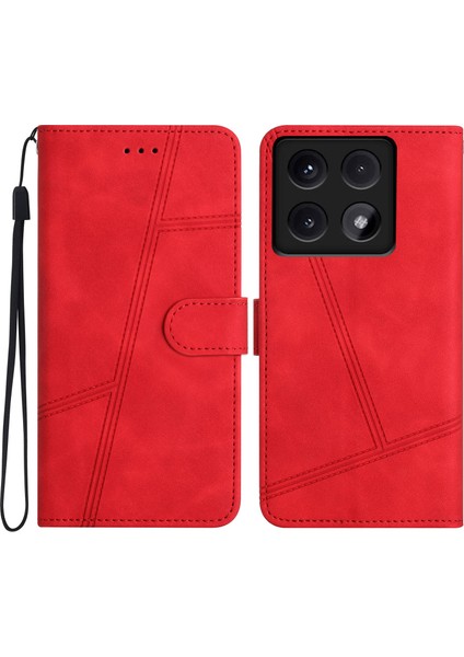 Xiaomi 14T Kılıf Flip Deri Retro Telefon Kapak Hatları Baskılı-Kırmızı (Yurt Dışından)