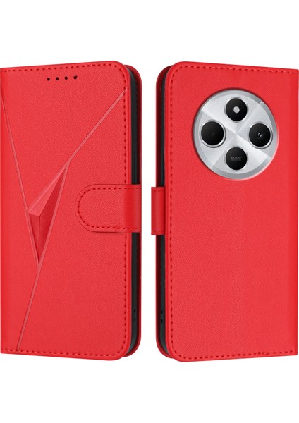 Xiaomi Poco C75 4G-Redmi 14R 5G-14C 4G Kılıf Üçgen Baskı Deri Telefon Kapağı Kordon-Kırmızı (Yurt Dışından)