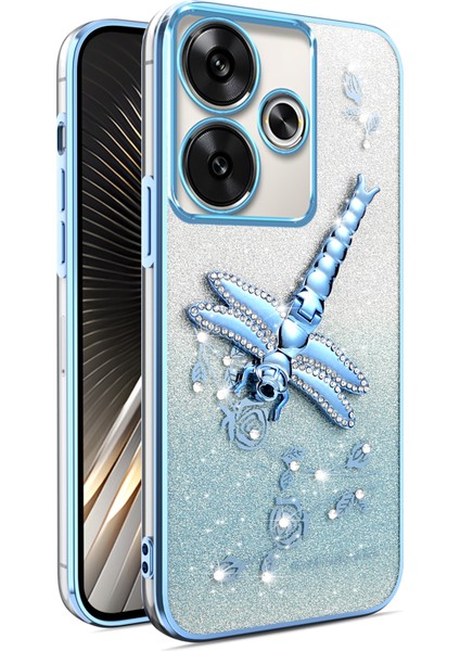 Xiaomi Redmi 13 4G-5G-Note 13R 5G-Poco M6 4G-M6 Plus 5G Dragonfly Tpu Çiçekler Glitter Telefon Kapağı-Mavi Kılıf (Yurt Dışından)