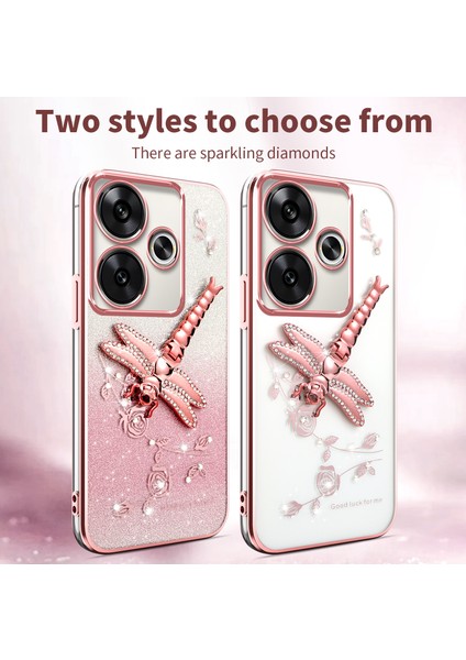 Xiaomi Redmi 13 4G-5G-Note 13R 5G-Poco M6 4G-M6 Plus 5G Dragonfly Tpu Çiçekler Glitter Telefon Kapağı-Mavi Kılıf (Yurt Dışından)