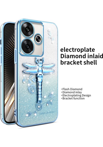 Xiaomi Redmi 13 4G-5G-Note 13R 5G-Poco M6 4G-M6 Plus 5G Dragonfly Tpu Çiçekler Glitter Telefon Kapağı-Mavi Kılıf (Yurt Dışından)