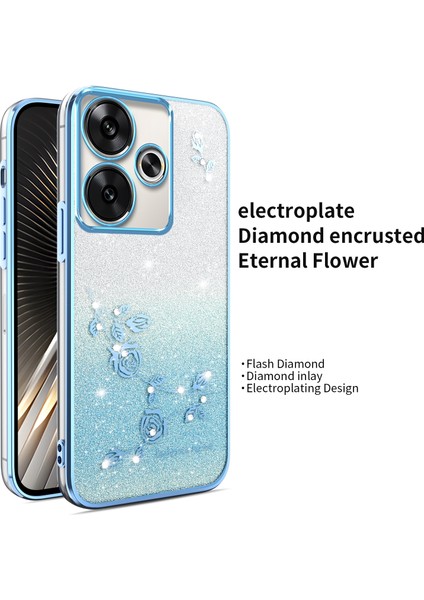 Xiaomi Redmi 13 4G-5G-Note 13R 5G-Poco M6 4G-M6 Plus 5G Dragonfly Tpu Çiçekler Glitter Telefon Kapağı-Mavi Kılıf (Yurt Dışından)