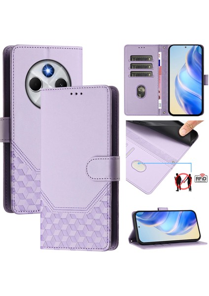 Xiaomi Poco C75 4G-Xiaomi Redmi 14R 5G-Xiaomi Redmi 14C 4G Durumda Baskılı Petek Rfıd Engelleme Deri Telefon Kapağı Kayış-Açık Mor (Yurt Dışından)