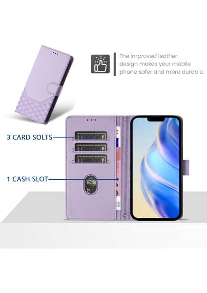 Xiaomi Poco C75 4G-Xiaomi Redmi 14R 5G-Xiaomi Redmi 14C 4G Durumda Baskılı Petek Rfıd Engelleme Deri Telefon Kapağı Kayış-Açık Mor (Yurt Dışından)
