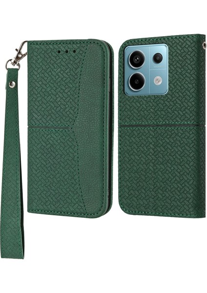 Xiaomi Redmi Note 13 5G Kılıf Dokuma Doku Pu Deri Cüzdan Telefon Kapağı-Siyahımsı Yeşil (Yurt Dışından)