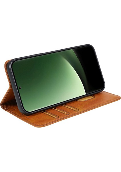 Xiaomi Redmi Note 14 Pro 5G Kılıf Için Güçlü Manyetik Pu Deri Telefon Kapağı Buzağı Dokusu-Haki (Yurt Dışından)