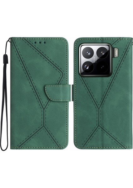 Xiaomi 15 Pro Kılıf Için Pu Deri Flip Telefon Kapağı Cilt Dokunmatik Çizgiler Baskı-Yeşil (Yurt Dışından)