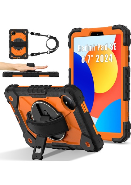Xiaomi Redmi Pad Se 4G 8.7 Inç Kılıf Silikon+Pc Tablet Kılıfı, Kullanışlı Askı-Siyah-Turuncu (Yurt Dışından)