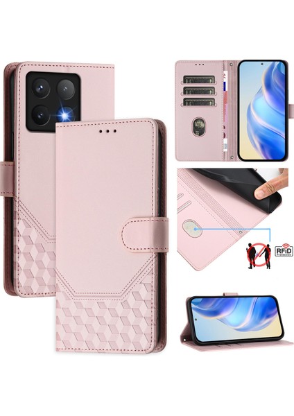 Xiaomi 14T Pro Kılıf Baskılı Petek Rfıd Engelleme Deri Telefon Kılıfı Kayışlı-Pembe (Yurt Dışından)