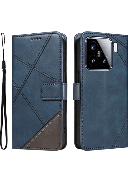 Xiaomi 15 Kılıf Deri Geometrik Çizgili Cüzdan Telefon Kılıfı Bilek Kayışlı-Mavi (Yurt Dışından)