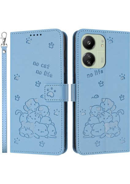Xiaomi Poco M6 5G-Redmi 13R 5G-13C 5G-13C 4G-Poco C65 4G Kediler Künye Deri Cüzdan Telefon Kapağı İle Kayış-Mavi (Yurt Dışından)