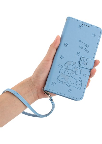 Xiaomi Poco M6 5G-Redmi 13R 5G-13C 5G-13C 4G-Poco C65 4G Kediler Künye Deri Cüzdan Telefon Kapağı İle Kayış-Mavi (Yurt Dışından)