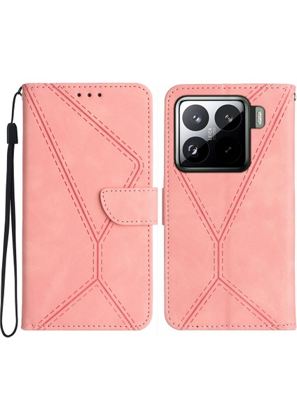 Xiaomi 15 Pro Kılıf Için Pu Deri Flip Telefon Kapağı Cilt Dokunmatik Çizgiler Baskı-Pembe (Yurt Dışından)