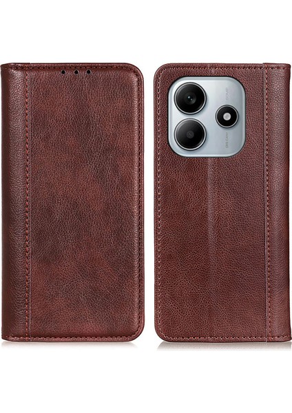 Xiaomi Redmi Note 14 4G Bölünmüş Deri Litchi Doku Cüzdan Telefon Kapağı-Kahverengi (Yurt Dışından)
